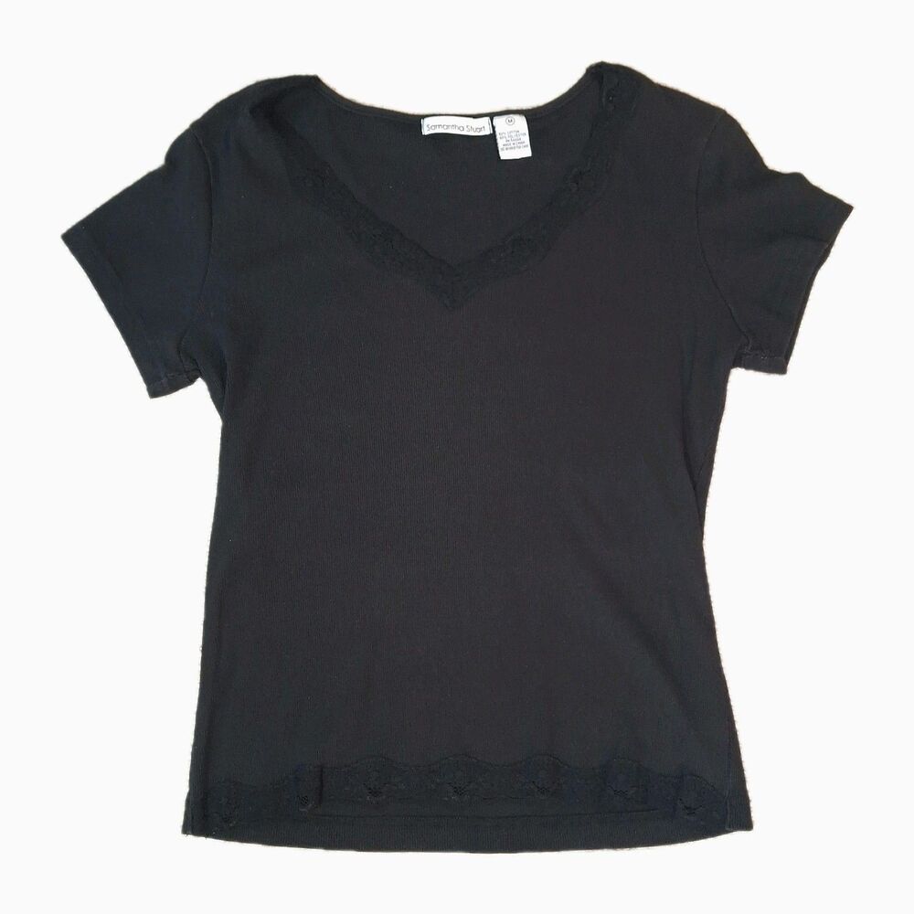 Samantha Stuart Black Ribbed V-Neck Lace Trim T-Shirt Women's Size Medium Casua